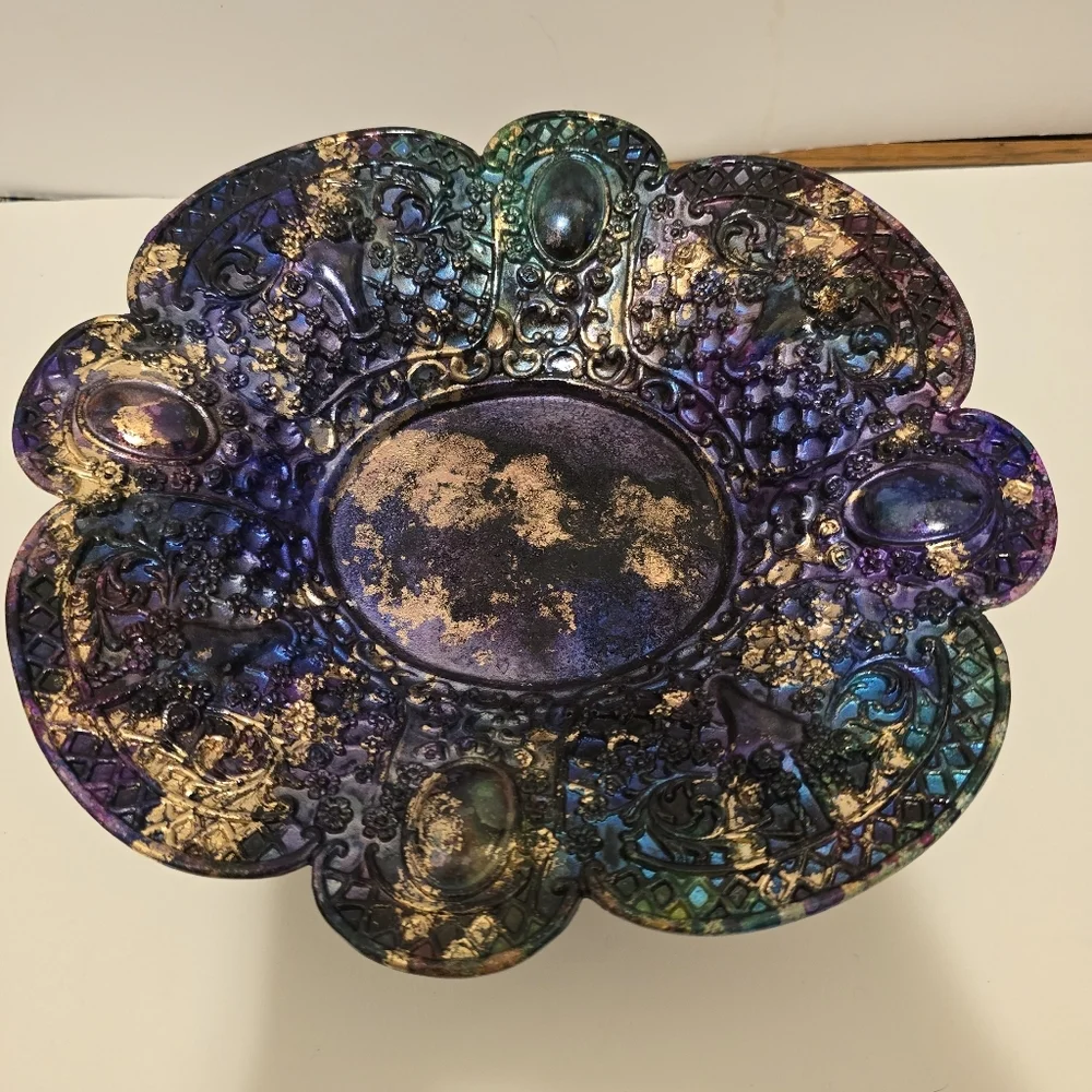 HANDCRAFTED Upcycled Silver Plated Stemmed Dish HANDPAINTED Centerpiece Art